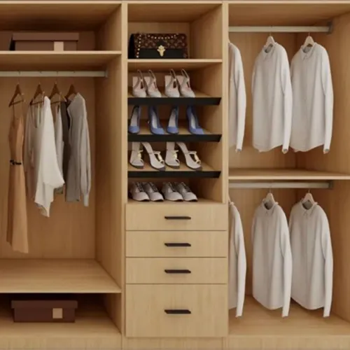 Closet cabinetry in a warm oak finish with hanging space, drawers and open shelving