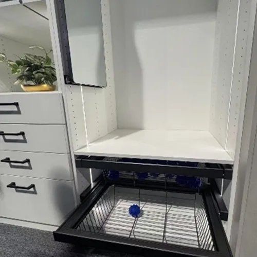 White closet shelving with a wire basket