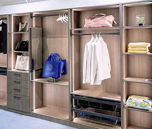 Walk-in closet with hanging space, drawers and open shelving